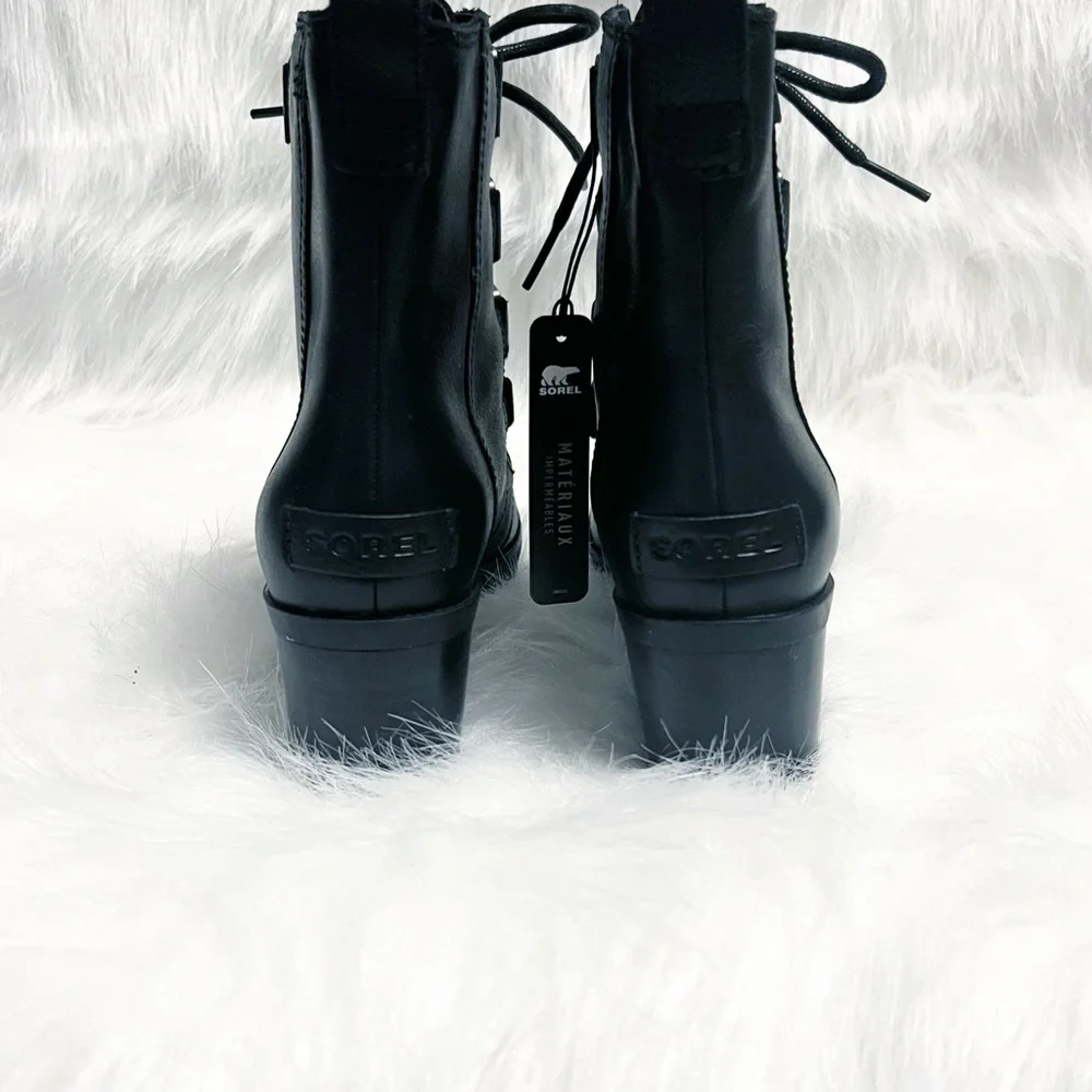 Sorel NWT Black Cate Lace-Up All-Leather Bootie Size 6.5